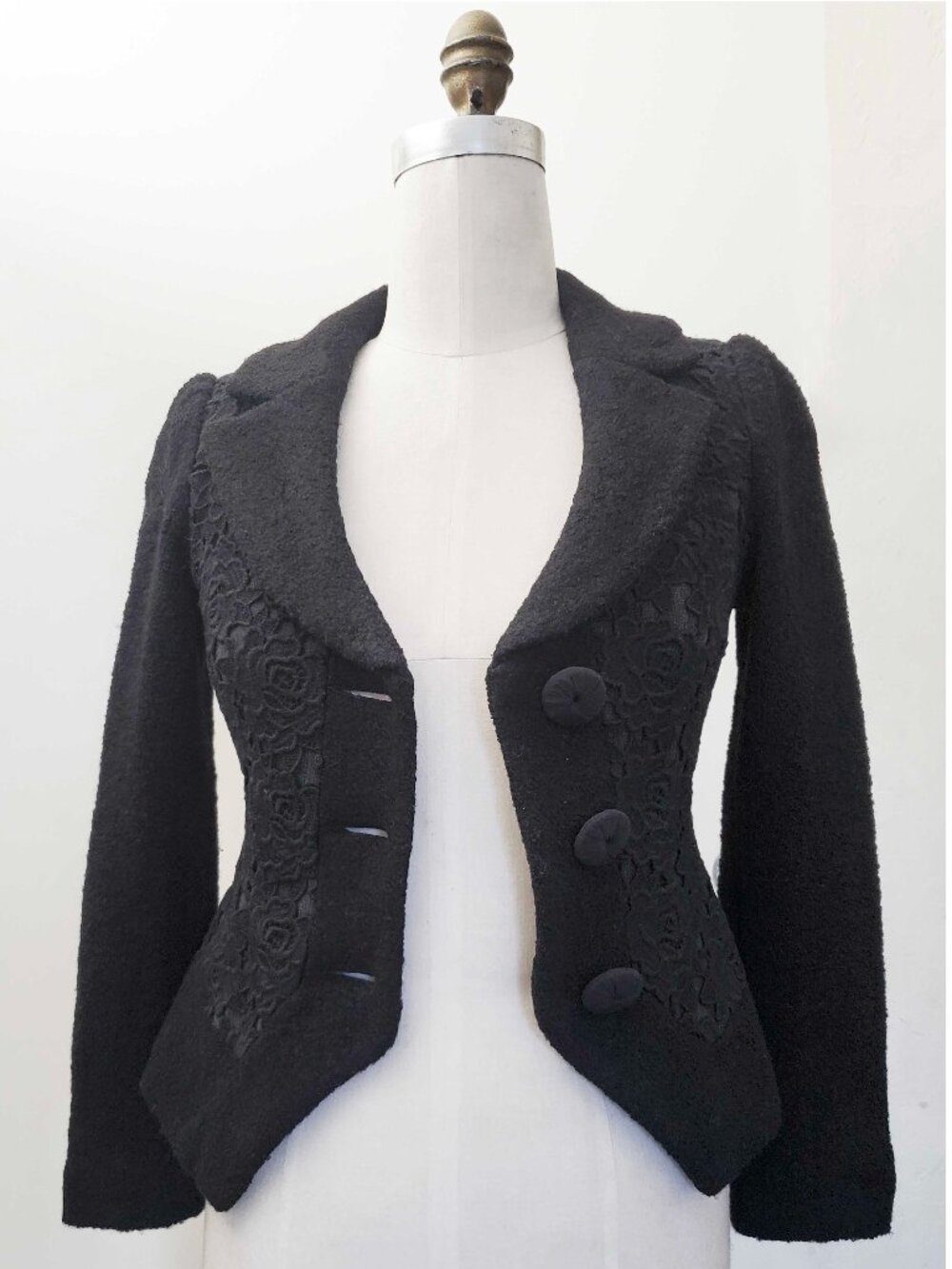 Nanette Lepore VTG Womens Black Wool Lace Tailored Cropped Blazer Jacket USA 0